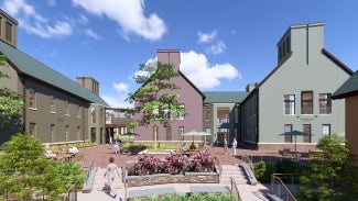 A rendering of lab buildings and a plaza at CSHL.